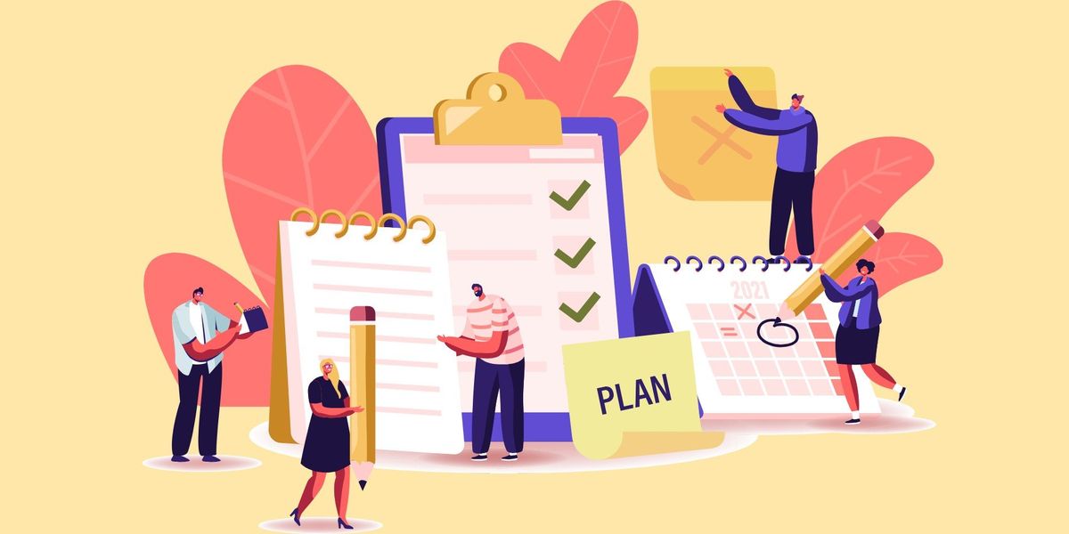 Illustrated freelancer workspace showing a daily planning calendar and task list